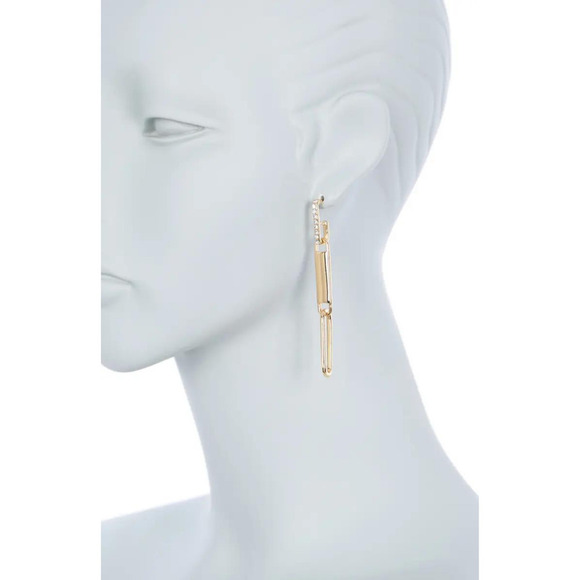 14K Gold Diamond Paper Clip Earrings CZ Pave Diamond Long Dangle Earrings Gold - Picture 3 of 6